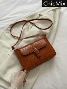 Bolso cruzado decorativo de piel con estampado de cocodrilo en unicolor de moda - Marrón - Ver 1