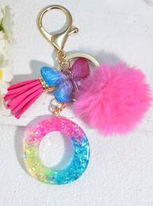 1 pièce Porte-clés en résine à lettres bicolores, pendentif de sac mode avec pompon à gland papillon, cadeau pour amis et école