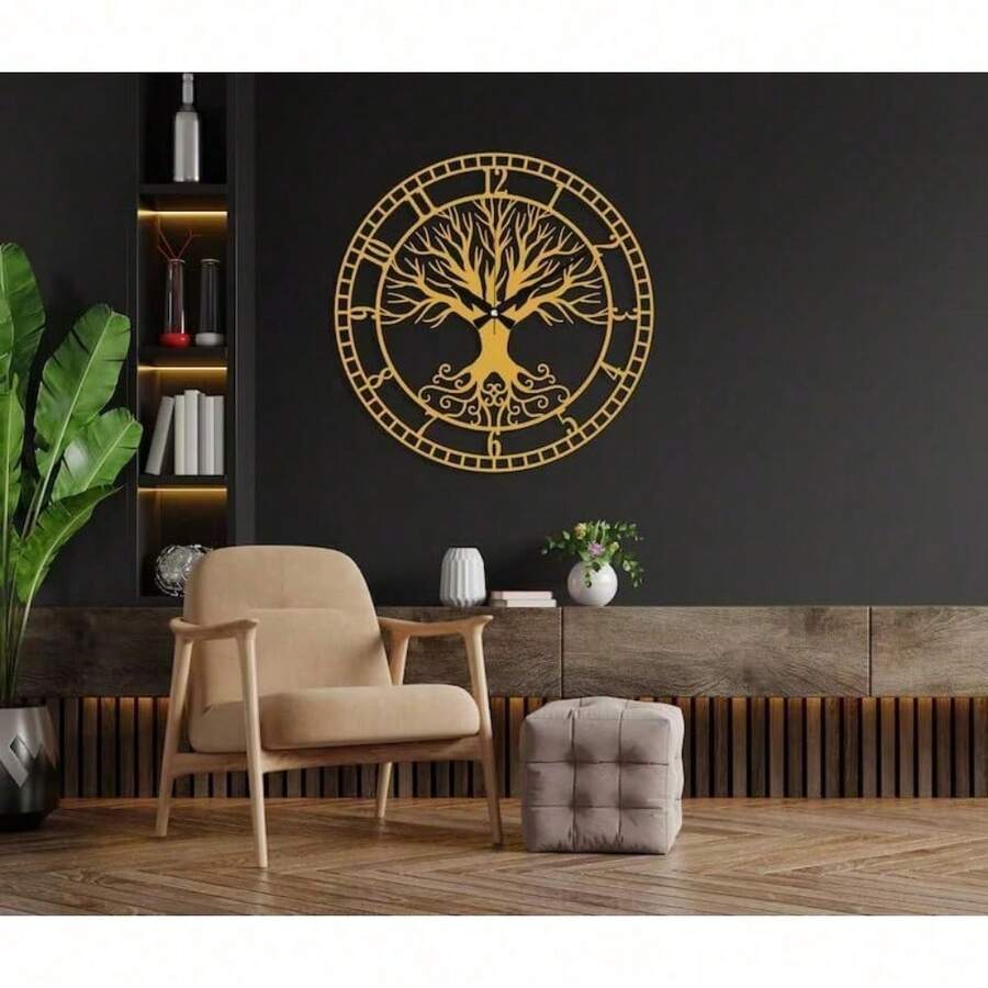 Tree Of Life Black Wall Clock, 23.6 Inches, Silent MidCentury Clock