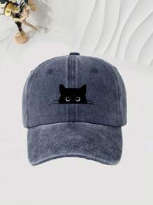 1pc Black Cat Print Washed Baseball Cap, Unisex Outdoor Casual Sun Visor Hat