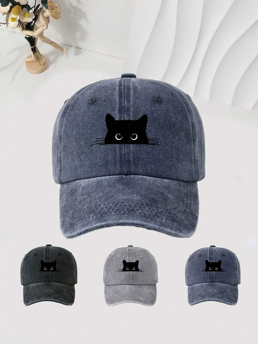 1pc Black Cat Print Washed Baseball Cap, Unisex Outdoor Casual Sun Visor Hat