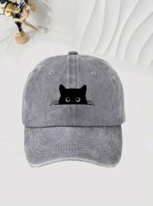1pc Black Cat Print Washed Baseball Cap, Unisex Outdoor Casual Sun Visor Hat