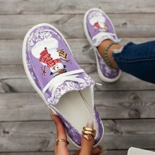 1 coppia di sneaker sportive casual da donna con motivo pupazzo di neve natalizio, scarpe piatte leggere e comode con lacci da donna