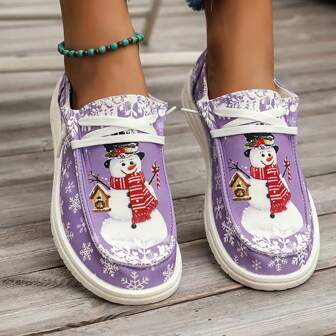 1pair Women's Christmas Snowman Pattern Casual Sports Sneakers, Women Lightweight Flat Comfortable Lace-Up Loafers