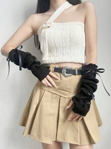 1 双女士芭蕾舞风格臂套，白色/浅黄色/黑色蝴蝶结针织露指手套及臂套套装，Y2K 美学风格，带流苏蝴蝶结，适合日常穿着、外出、派对、工作等场合，舒适保暖 - 黑色 - 查看 5