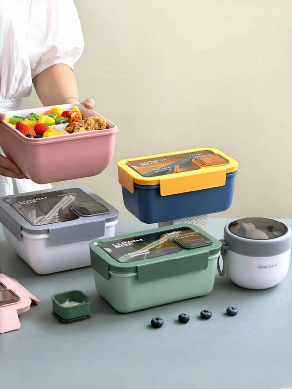 1 件套午餐盒套装（含餐具）、便当盒套装（燕麦杯、午餐便当盒、午餐袋）、方形隔层微波炉适用午餐盒、防漏食品容器、洗手液、返校、大学、学习用品、厨房收纳与整理、保温午餐袋
