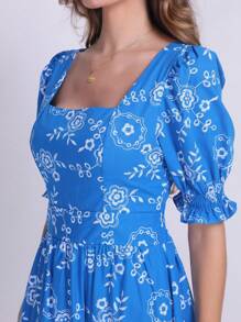 Luxury Long Dress In Tricoline Cotton With Short Sleeves - 寶藍色 - 查看 6