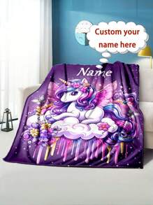 1pc Personalized Unicorn Flannel Blanket - Soft, Warm & Cozy With Custom Name Option - Ideal Christmas Or Halloween Gift - Machine Washable Polyester Knitted Fabric - Contemporary Style, Multi-Purpose For Couch, Bed, Travel, Camping, Office - Multicolor - View 12