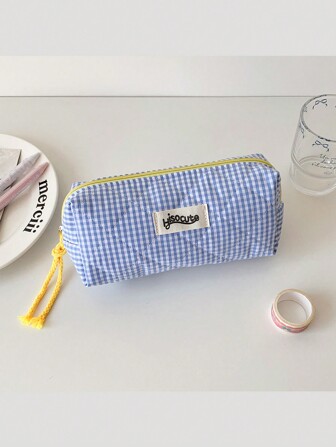 1pc Contrast Color Plaid Stationery Pencil Case, High Capacity, For Students Back To School,Back To School,School Supplies,Pencil Pouch,School Bag