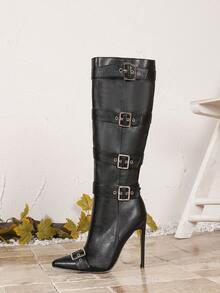 性感时尚黑色皮革扣尖头细高跟休闲百搭侧拉链中筒靴女式 - 黑色 - 查看 5