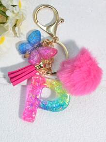 1 pièce Porte-clés en résine à lettres bicolores, pendentif de sac mode avec pompon à gland papillon, cadeau pour amis et école