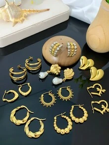 镀金环状耳环系列 - 适合不同场合和风格的时尚镀金耳环，金钛钢，无宝石 - 金黃色 - 查看 1