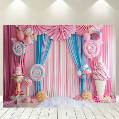 色彩缤纷的甜点和可爱的图案庆祝背景 - 冰淇淋和糖果主题照片墙 - 坚固的织物装饰旗，适合生日、派对和庆祝活动 - 无需电力