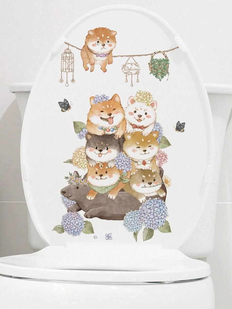 1 件卡通可爱搞笑狗狗表情防水马桶贴自粘浴室柜窗户镜子花卉装饰贴 - 彩色 - 查看 1