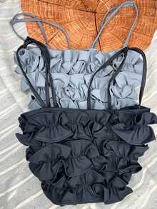 Cropped Blouse With Thin Straps And Tailored Ruffles - 黑色和灰色套件 - 查看 1