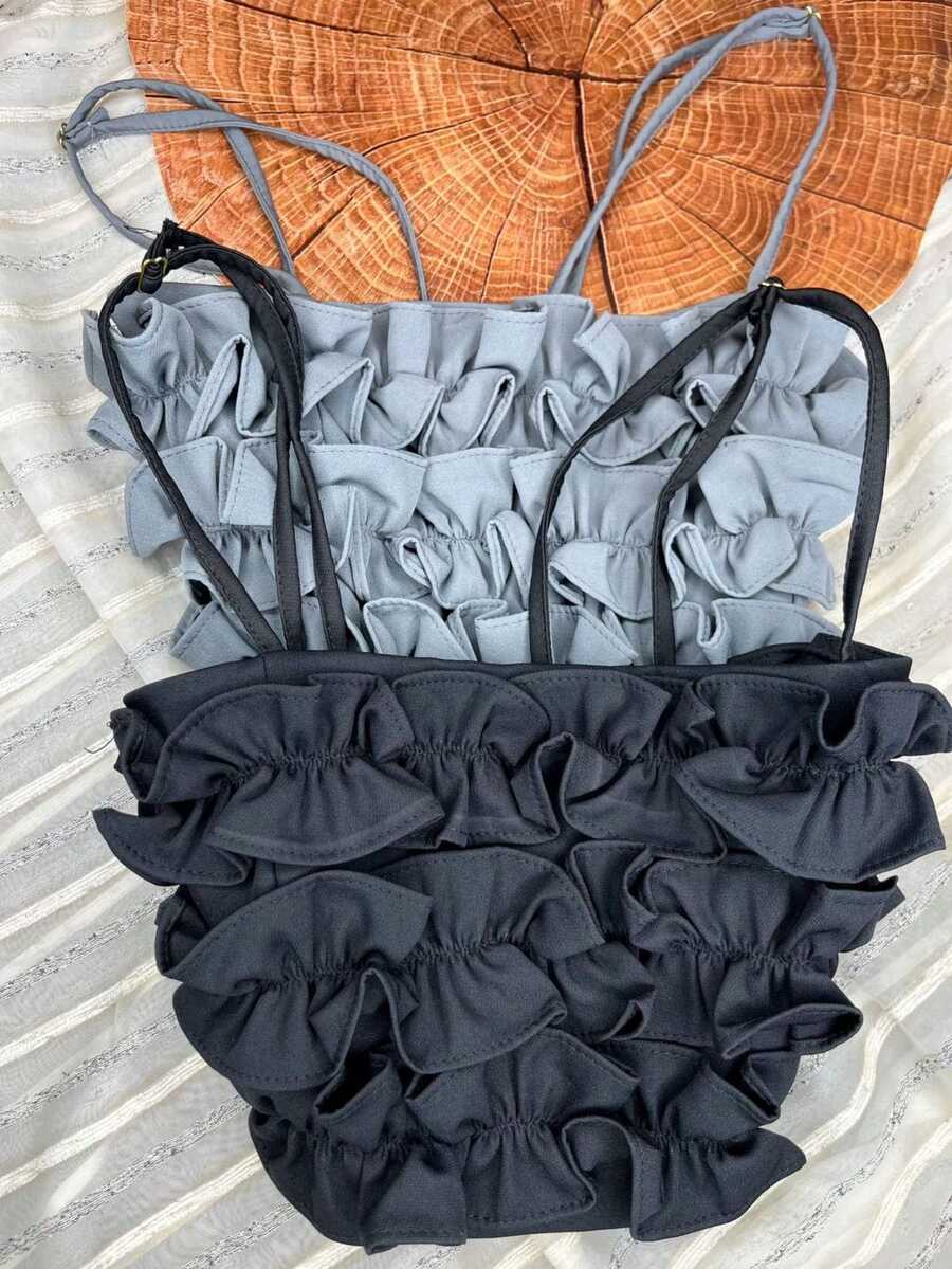 Cropped Blouse With Thin Straps And Tailored Ruffles - 黑色和灰色套件 - 查看 1