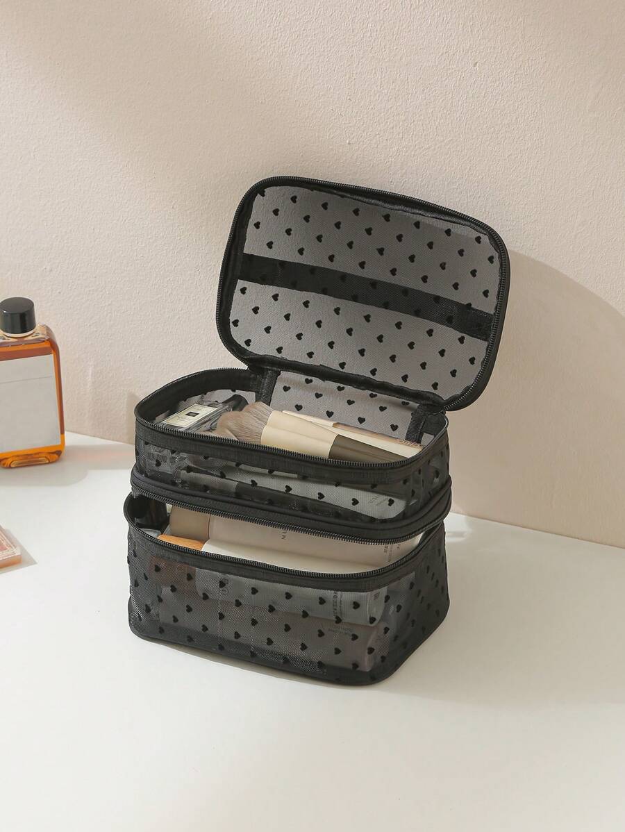 Casual Travel Heart-Shaped Mesh Large Capacity Portable Cosmetic Bag Makeup Travel Toiletry Organizer Clear Essentials Gifts Storage Zipper Accessories Nail Bag Room Decors, Makeup Bag, Organizer, Storage, Makeup Bags, Toiletry Bag, Desk Organiser, Makeup Bag, Makeup Pouch, Makeup Bag, Make Up Pouch, Makeup Bag, Cosmetic Bag, Large Makeup Bag, Christmas Gifts, Pouch, Travel, Pouch, Clutch / Small Handbag, Makeup Organizer, Pouch, Brush Holder, Mini Pouch, Large Capacity Pouch, Christmas Gifts, Pouch, Makeup Pouch, Travel Essential - Black - View 1