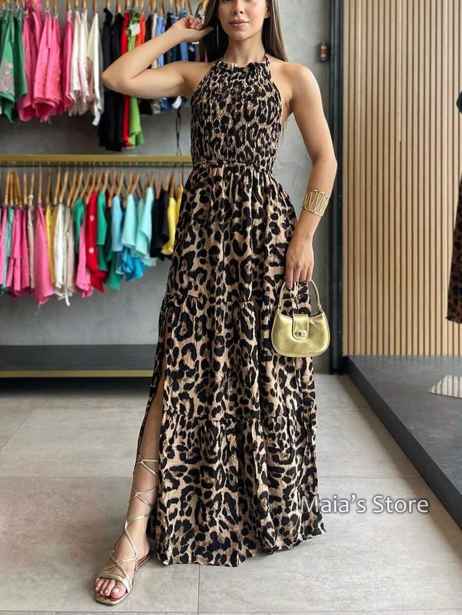 Elastek Elegant Slit Halter Neck Long Dress - Light Wash - View 1