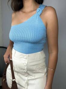 Women's Cropped Blouse Tricot Modal One Shoulder Mule Manca Hole Side Knot Summer Premium - 淺藍色 - 查看 6
