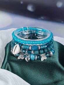 4 件波西米亚风格时尚水晶和贝壳珠多层弹性手链，适合女士，情人节/周年纪念日/生日礼物，适合情侣、朋友、家人惊喜 - 米色 - 查看 5