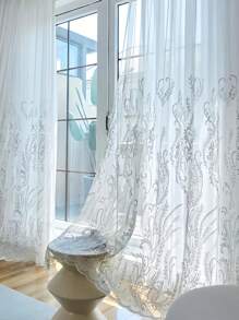 1pc Luxury French Style Embroidered Voile Curtain, Glittering Beaded Applique Elegant Sheer Window Drape, Lightweight And Breathable For Bedroom, Living Room, Dining Room, Chic Home Decor