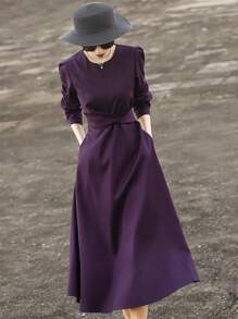 MEXCOCO Elegant Purple/Romantic Night/Luxury Party/Noble Charm Slimming High-End Luxurious Dress With Wide Hem, Long Sleeve, Purple, Wedding Guest Dress
