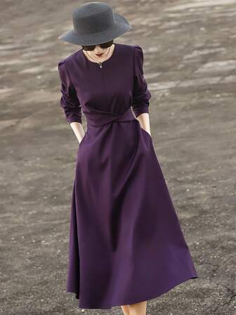 MEXCOCO Elegant Purple/Romantic Night/Luxury Party/Noble Charm Slimming High-End Luxurious Dress With Wide Hem, Long Sleeve, Purple, Wedding Guest Dress