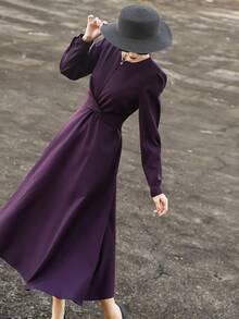 MEXCOCO Elegant Purple/Romantic Night/Luxury Party/Noble Charm Slimming High-End Luxurious Dress With Wide Hem, Long Sleeve, Purple, Wedding Guest Dress