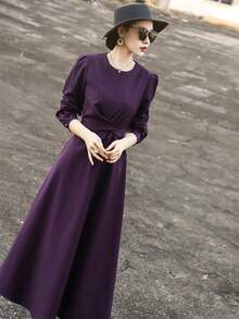 MEXCOCO Elegant Purple/Romantic Night/Luxury Party/Noble Charm Slimming High-End Luxurious Dress With Wide Hem, Long Sleeve, Purple, Wedding Guest Dress