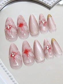 Nâng cấp ngay diện mạo của bạn với 24 chiếc/bộ móng tay giả hình hoa nước 3D, mắt mèo hồng kiểu Pháp, thiết kế nơ đơn giản, 1 chiếc keo dán móng tay dạng thạch + 1 chiếc dũa móng tay cho đầu ngón tay, phụ kiện làm đẹp móng tay - Nhiều màu - Xem 1