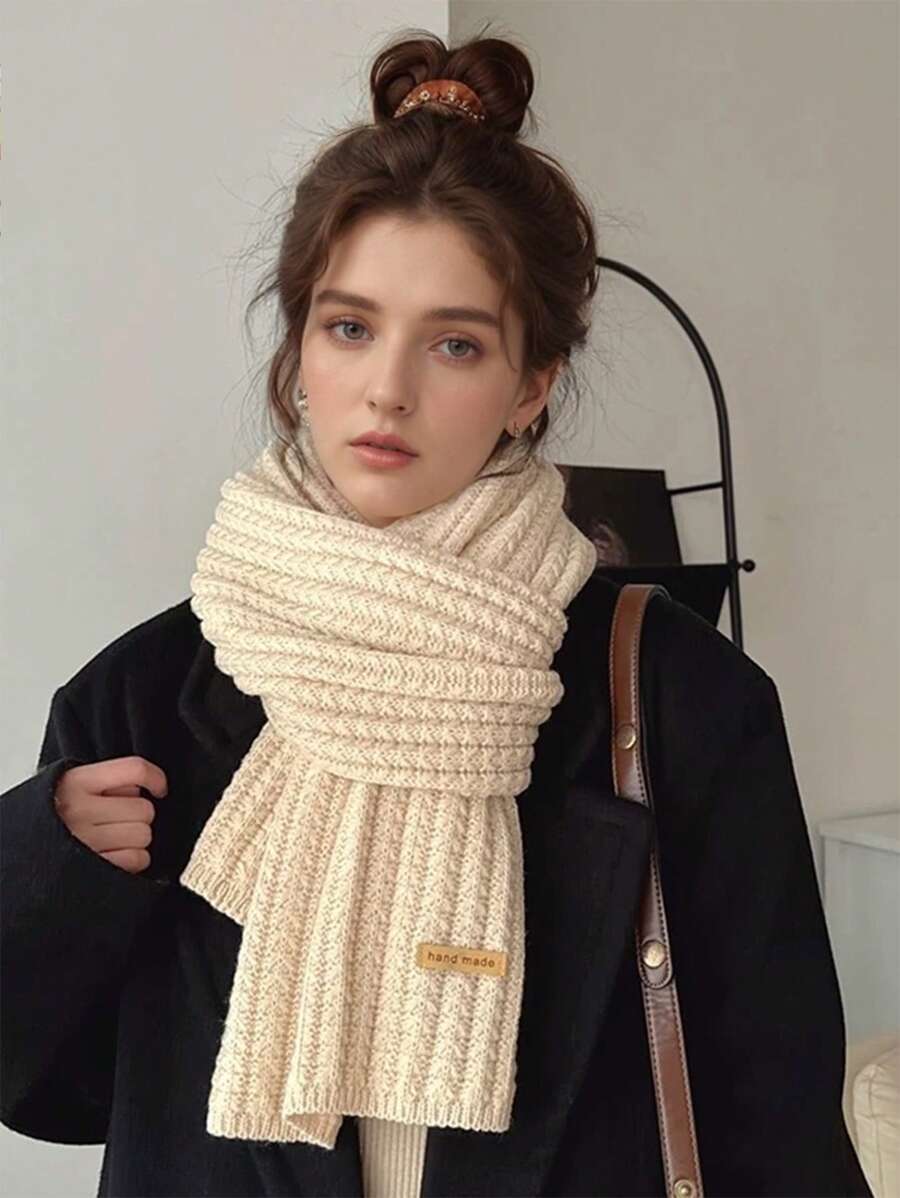 1 件装女士秋冬季纯色针织围巾保暖百搭围巾 - 米色 - 查看 1
