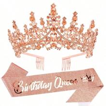 红水晶生日女王头饰皇冠女士生日女王头饰带优雅公主皇冠带梳子发饰生日快乐派对装饰品妈妈生日礼物 - 多色 - 查看 5