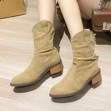Giày bốt ngắn thời trang tối giản cho nữ, giày bốt ngắn đế vuông mũi tròn thoải mái chống trượt cho cỡ lớn - Màu Khaki - Xem 6