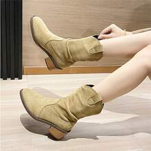 Giày bốt ngắn thời trang tối giản cho nữ, giày bốt ngắn đế vuông mũi tròn thoải mái chống trượt cho cỡ lớn - Màu Khaki - Xem 3