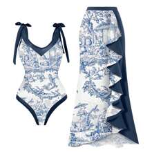 New Sexy One-Piece Swimwear, European & American Vintage V-Neck With Beach Dress 2pcs Set Summer - Blue - View 1