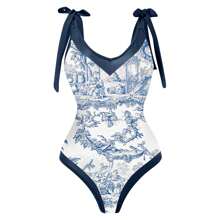 New Sexy One-Piece Swimwear, European & American Vintage V-Neck With Beach Dress 2pcs Set Summer - Blue - View 2