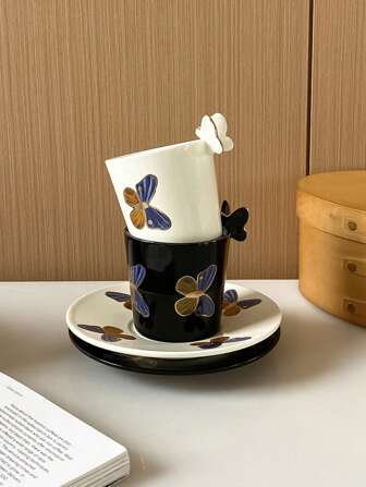 1 件 120 毫升手工蝴蝶陶瓷杯碟套装，优雅简约 3D 蝴蝶设计咖啡杯碟，复古经典甜点盘，适用于咖啡馆浓缩咖啡、下午茶、热巧克力、蛋糕、冬季礼物