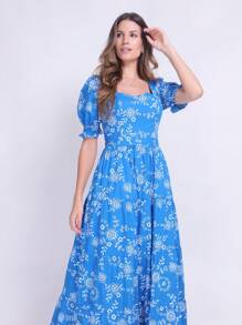 Luxury Long Dress In Tricoline Cotton With Short Sleeves - 寶藍色 - 查看 4