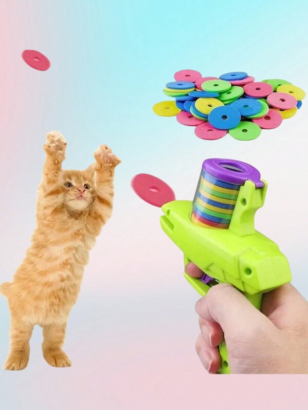 Randomized Color Interactive Cat Toy Gun, Comes With 15 Foam Discs, Durable Plastic, Cartoon Pattern, No Battery Required, Safe For Pets