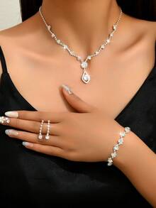 Bộ trang sức thời trang tối giản Vòng cổ Hoa tai Vòng tay Trang trí bằng đá Rhinestone, Quà tặng đám cưới/tốt nghiệp - Bạc - Xem 9