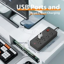 1 ổ cắm điện 4 ổ cắm có bộ chống sét lan truyền - 4 phích cắm dẹt, 4 ổ cắm AC, 3 cổng USB bao gồm 1 cổng USB-C, dây nối dài 5/10ft, dùng cho gia đình, văn phòng và du lịch - Xem 6