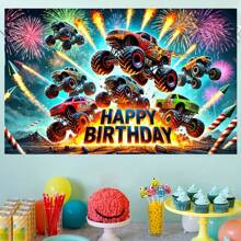 Versatile Monster Truck Birthday Banner - Perfect For Man Parties, Youngsters Showers & Tailgating Events - Durable Polyester, Indoor/Outdoor Use, No Power Needed - 1pc - View 4