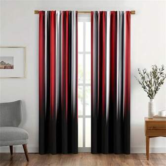 [Copyright Protected] 1Set/2pcs Abstract Ombre Curtains - Red, White & Black Striped Semi-Sheer Drapes For Living Room And Bedroom - UV Protection, Rod Pocket Design, Machine Washable Polyester Fabric, All-Season Home Decor