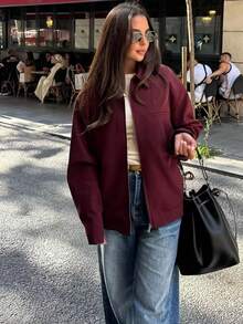 Women's Loose Fit Zip-Up Long Sleeve Jacket, Burgundy - Red - View 2