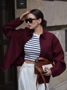 Women's Loose Fit Zip-Up Long Sleeve Jacket, Burgundy - Red - View 4