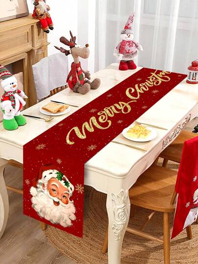 Christmas Themed Table Runner With Cute Santa Claus Image, Suitable For Christmas Family Gathering Party Tabletop Center Decor