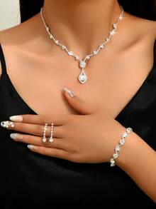 Bộ trang sức thời trang tối giản Vòng cổ Hoa tai Vòng tay Trang trí bằng đá Rhinestone, Quà tặng đám cưới/tốt nghiệp - Bạc - Xem 7