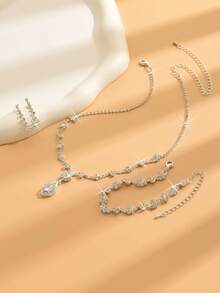 Bộ trang sức thời trang tối giản Vòng cổ Hoa tai Vòng tay Trang trí bằng đá Rhinestone, Quà tặng đám cưới/tốt nghiệp - Bạc - Xem 3
