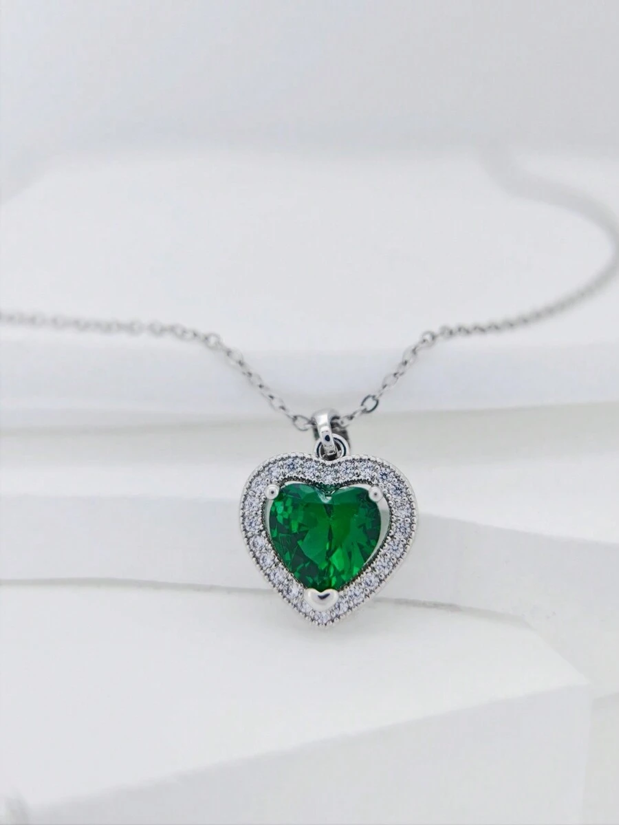 1 件优雅简约心形锆石吊坠项链，适合日常佩戴和婚礼 - 墨綠色 - 查看 1