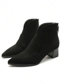 Women's Fashion Boots With V-Cut Design, High Heels, Chunky Heels, Pointed Toe, Suede Fabric, Ankle Boots For Autumn/Winter - Black - View 8